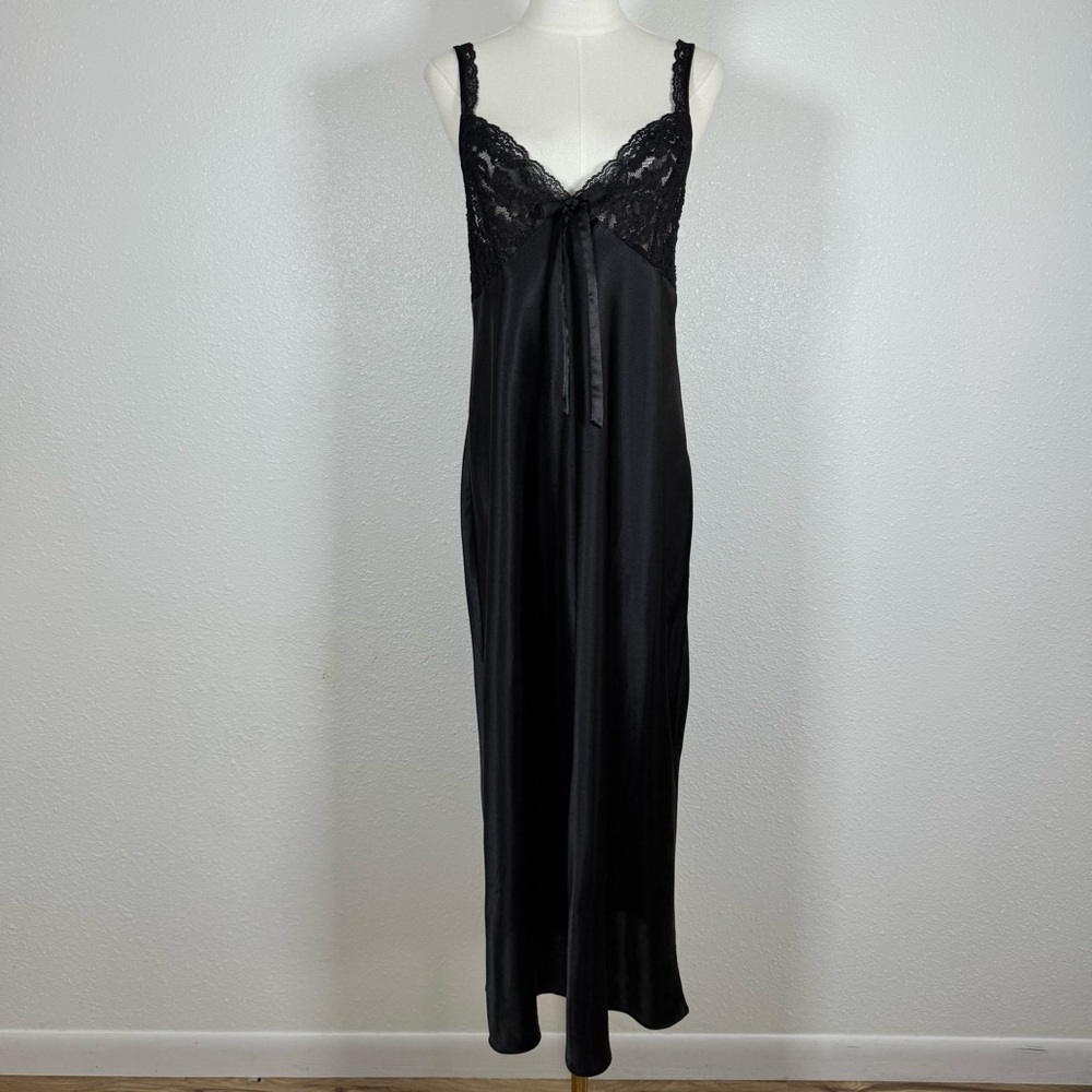 Morgan Taylor Intimates Vintage Black Satin Lace Maxi Nightgown Lingerie Large